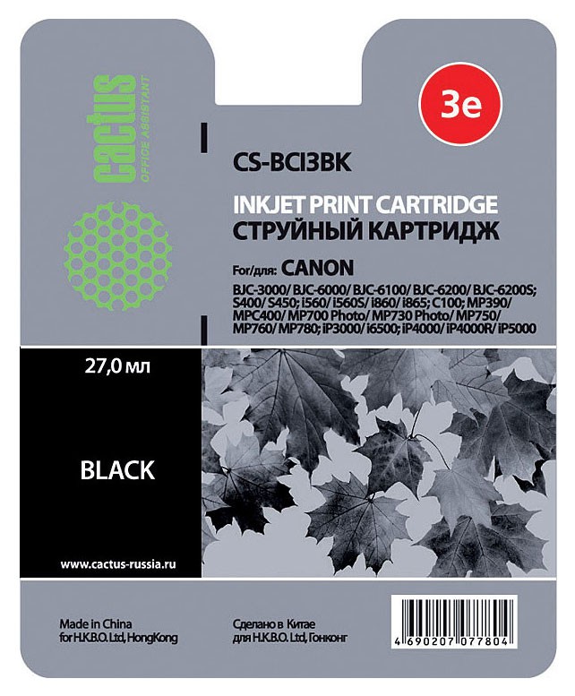 Картридж струйный Cactus CS-BCI3BK черный для Canon BJC-3000/6000/6100/6200/6200S/S400/S450/i560/i560S/i860/i865/C100/MP390/MPC400/700/730/750/760/780/iP3000/i6500/iP4000/iP4000R/iP5000 (24мл)