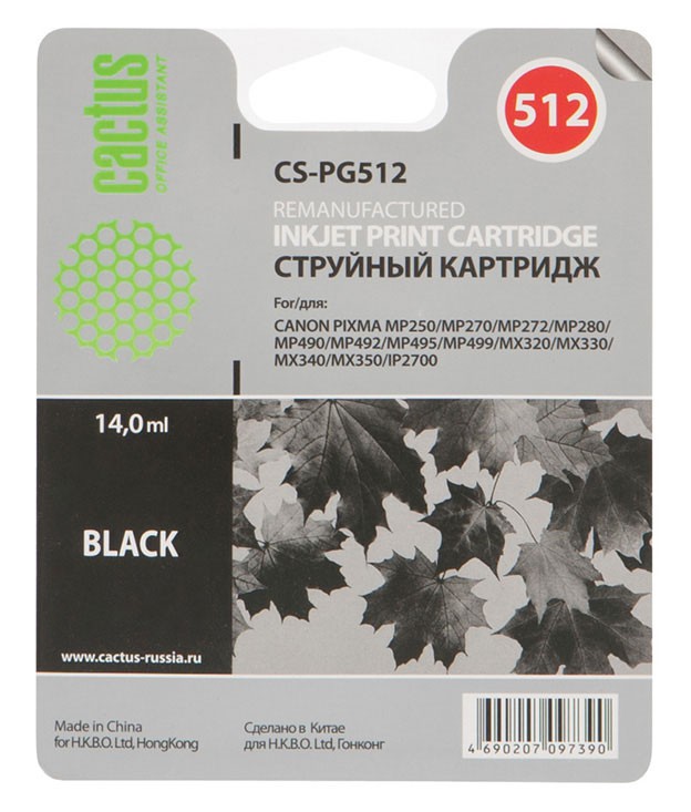 Картридж струйный Cactus CS-PG512 черный для Canon Pixma iP2700/MP240/MP250/MP260/MP270/MP272/MP280/MP480/MP490/MP492/MP495/MX320/MX330/MX340/MX350 (14мл)