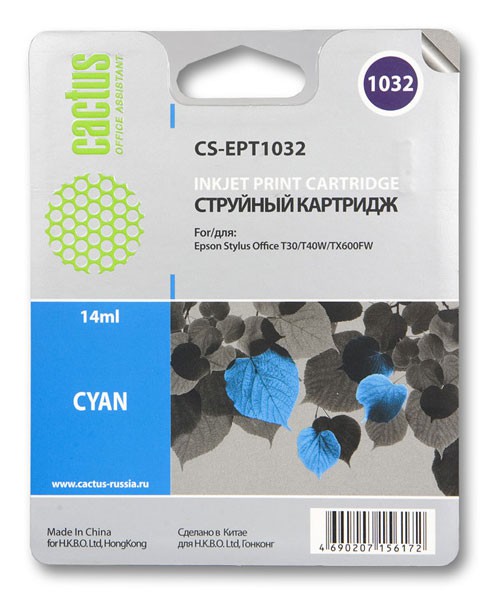 Картридж струйный Cactus CS-EPT1032 голубой для Epson Stylus Office T1100/TX510/TX510fn/TX550/TX550w (14мл)