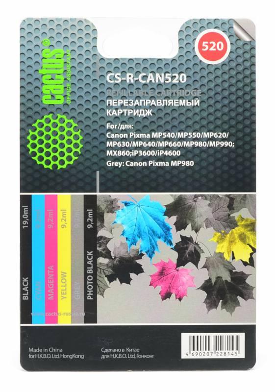 Комплект перезаправляемых картриджей Cactus CS-R-CAN520 голубой/пурпурный/желтый/черный (19.6мл) Canon PIXMA MP540/MP550/MP620/MP630/MP640 4 шт